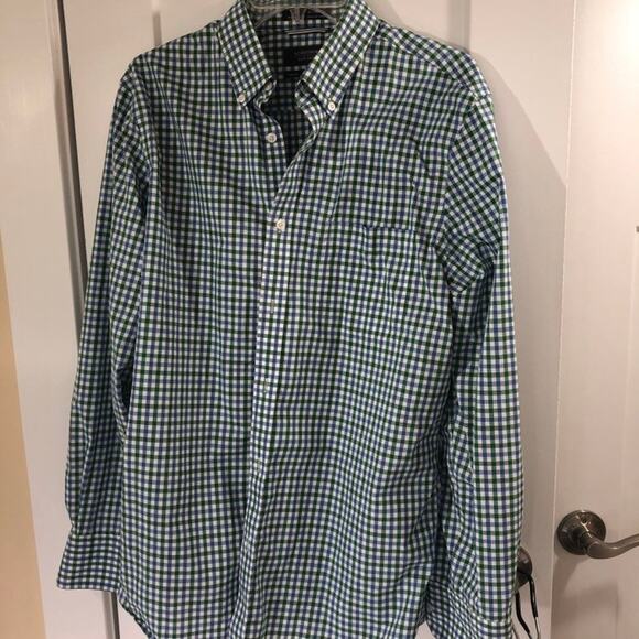 Nordstrom Trim Fit Blue Green White Plaid Checked Men Large Wrinkle Free Cotton - Picture 1 of 8